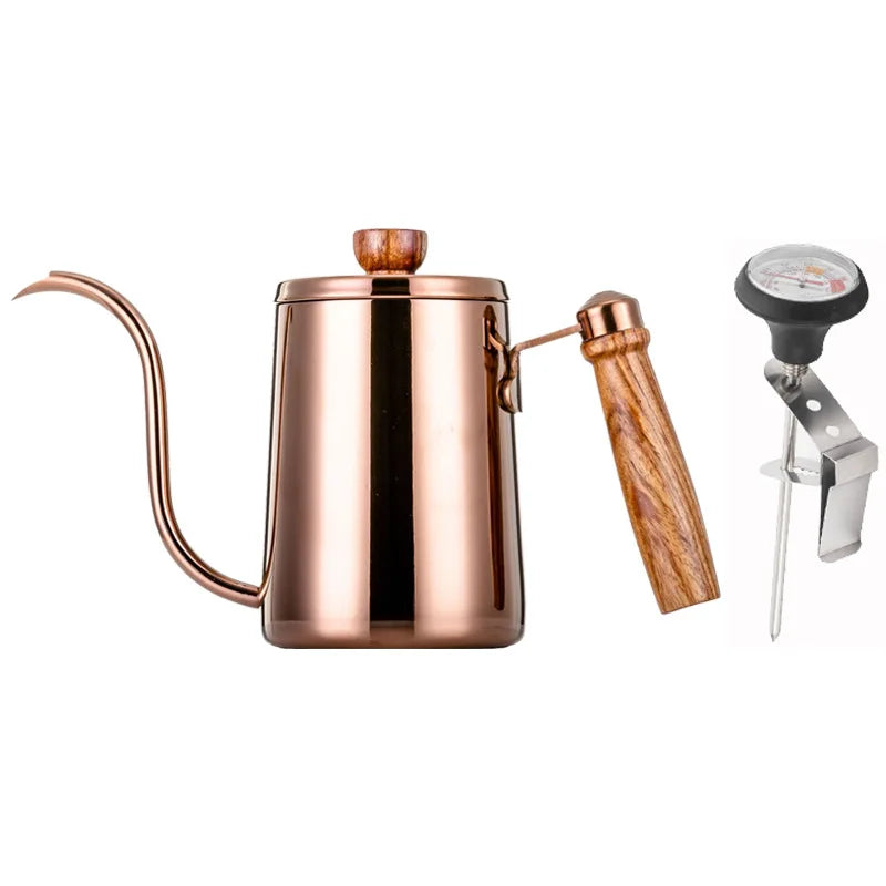 Stainless Steel Gooseneck Drip Coffee Pot with Wooden Handle and Thermometer