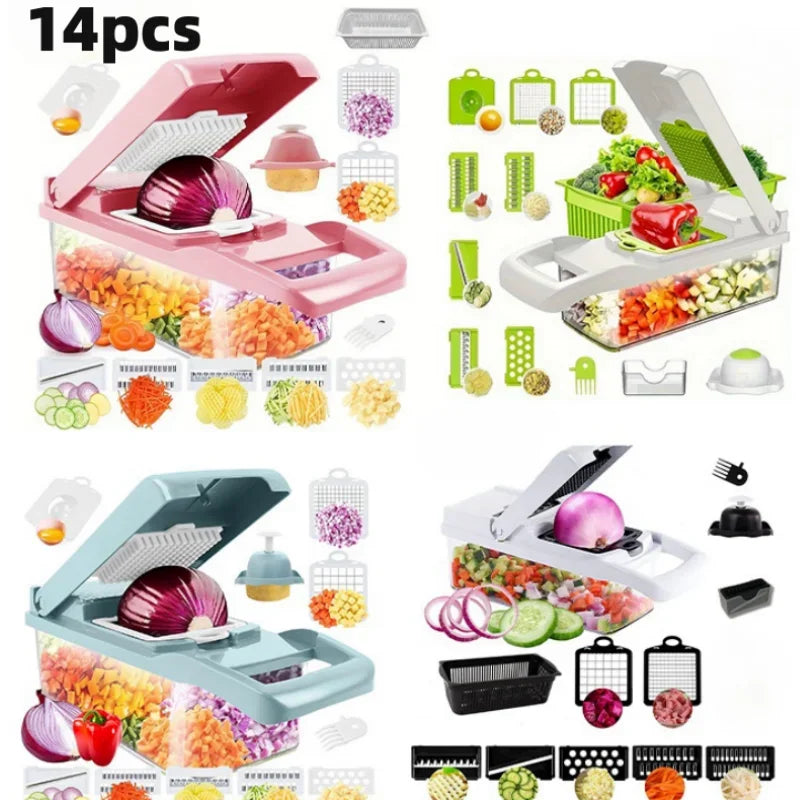 Kitchen Vegetable Cutter 14-Piece Set – Multi-Functional Slicer, Grater, Dicer for Potatoes & Salads