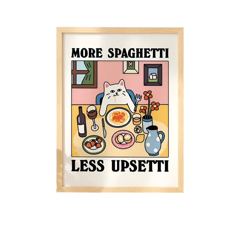 Spaghetti French Cat Retro Print Poster - Unique Canvas Art for Kitchen & Café Decor