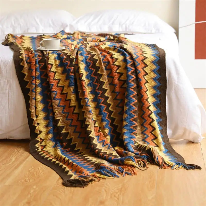 Hand Knitted Blanket with Tassel Summer Bed Sofa Breathable Chic Bohemian Soft Comfortable Blanket