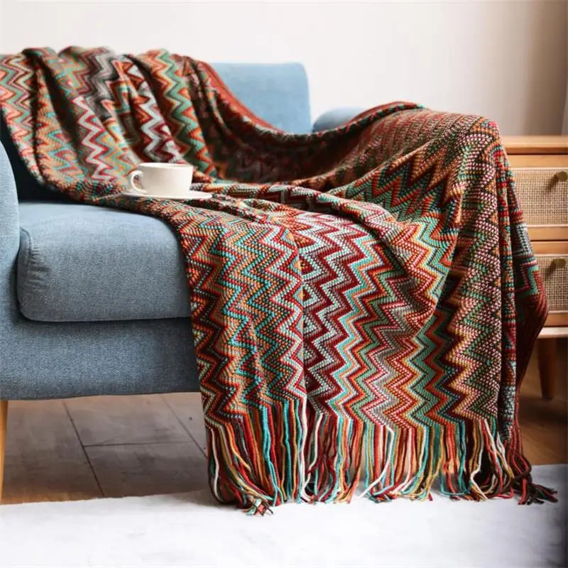 Hand Knitted Blanket with Tassel Summer Bed Sofa Breathable Chic Bohemian Soft Comfortable Blanket