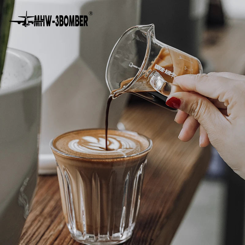 MHW-3BOMBER: Double Spouts Espresso Measuring Cup with Handle – Heat-Resistant Glass