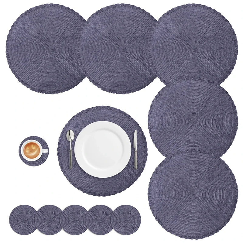 Set of Braided Woven Round Placemats and Coasters – Heat Resistant & Washable Dining Table Mats