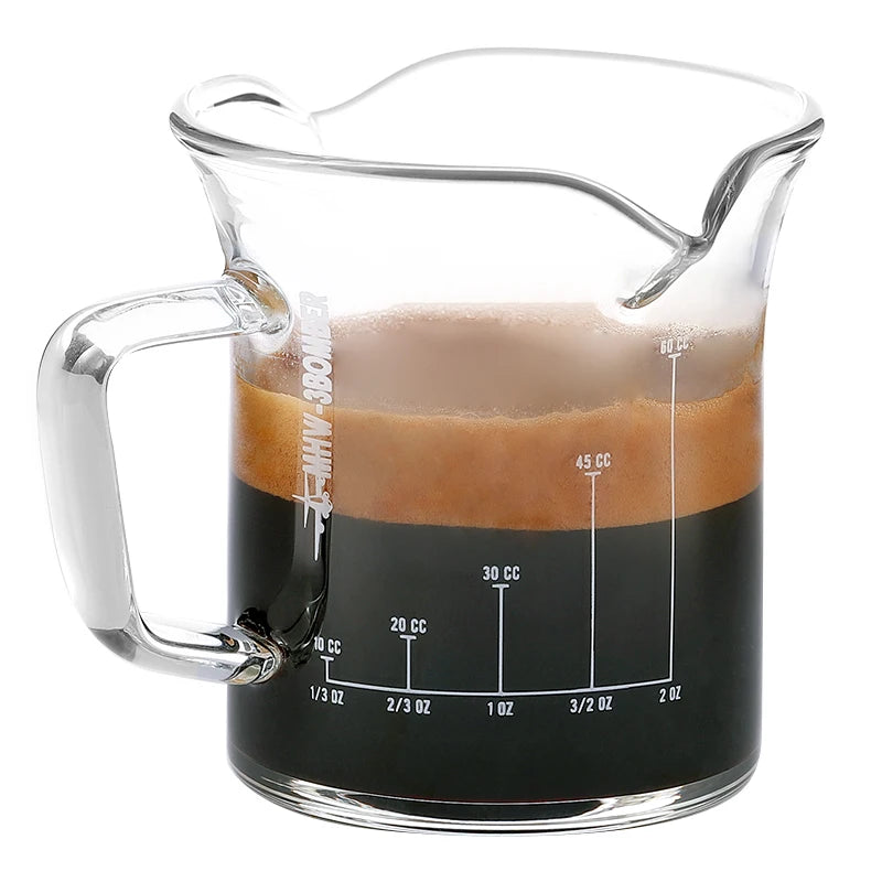 MHW-3BOMBER: Double Spouts Espresso Measuring Cup with Handle – Heat-Resistant Glass