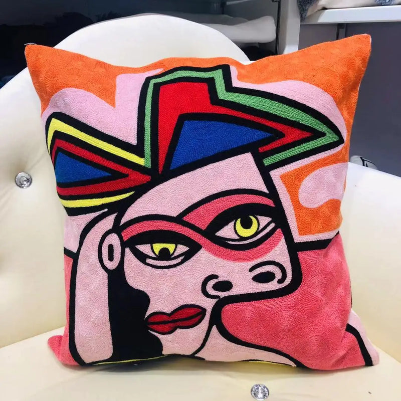 Picasso-Inspired Abstract Embroidered Cushion Cover