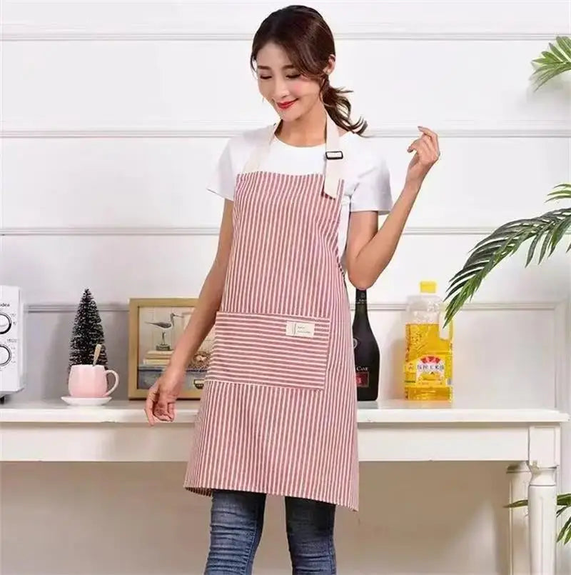 Cotton Linen Striped Apron With Thin Cotton Fabric Waistband For Stain Oil Resistance Apron Kitchen