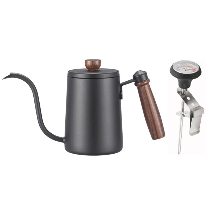 Stainless Steel Gooseneck Drip Coffee Pot with Wooden Handle and Thermometer