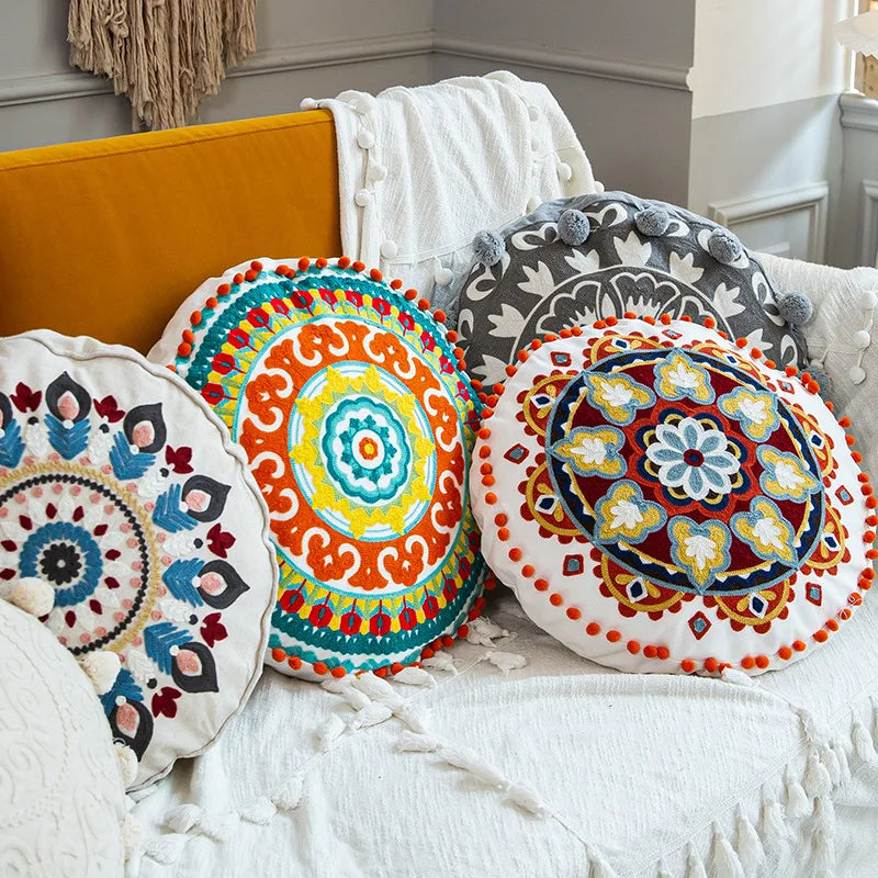 Moroccan Ethnic Round Cushion Cover - Mandala Floral Embroidery Throw Pillow Case