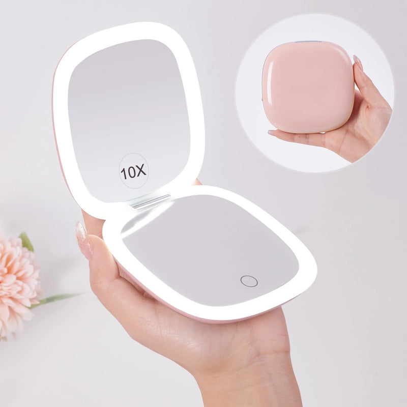 Compact LED Magnifying Travel Makeup Mirror – 1X/10X Dual-Sided USB Rechargeable Mirror