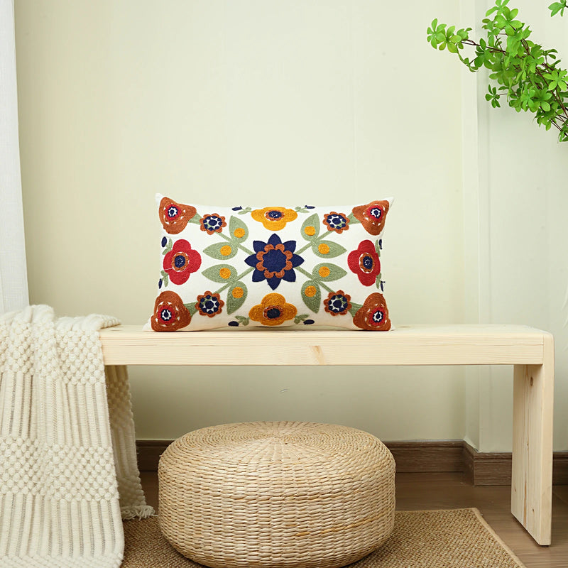 Vibrant Canvas Flower Embroidery Pillow Cover – Decorative Elegance for Home