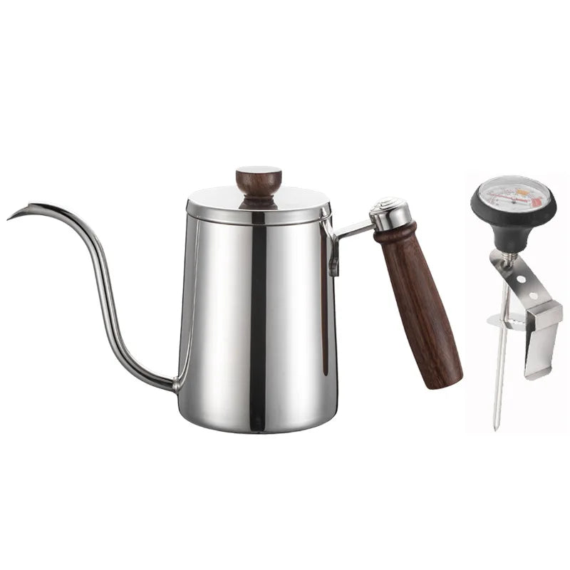 Stainless Steel Gooseneck Drip Coffee Pot with Wooden Handle and Thermometer