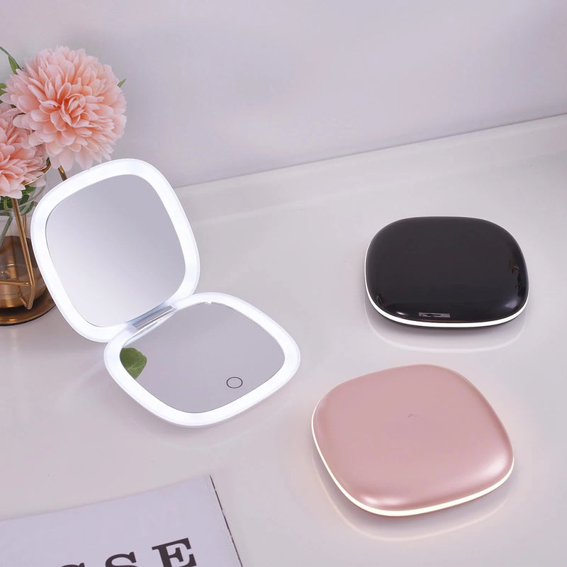 Compact LED Magnifying Travel Makeup Mirror – 1X/10X Dual-Sided USB Rechargeable Mirror