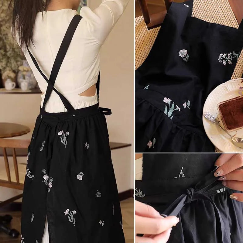 Waterproof Cotton Embroidered Kitchen Apron for Women – Cross-Back Long Skirt Pinafore with Pockets