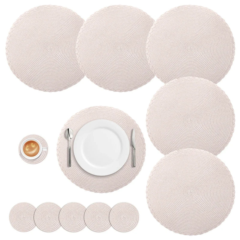 Set of Braided Woven Round Placemats and Coasters – Heat Resistant & Washable Dining Table Mats