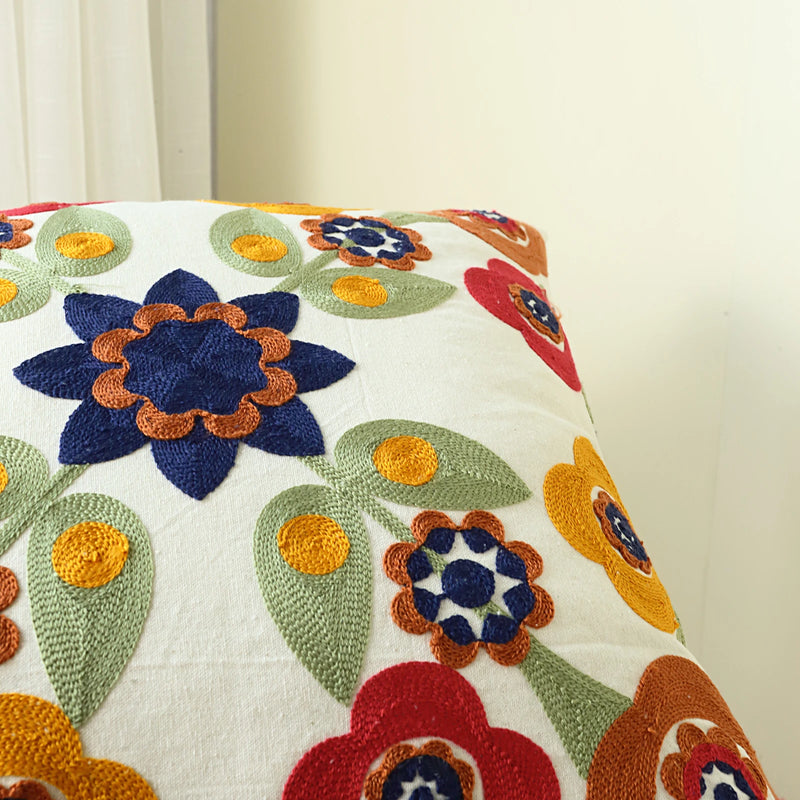 Vibrant Canvas Flower Embroidery Pillow Cover – Decorative Elegance for Home