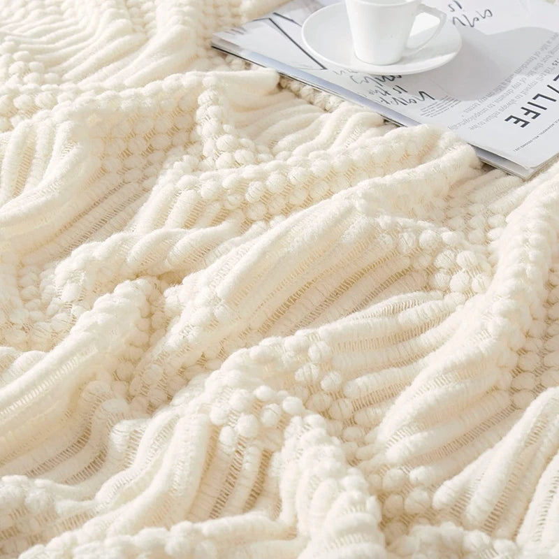 White Boho Throw Blankets Textured Knitted Blankets Chunky Vintage Luxury Throw Bedspread Blanket