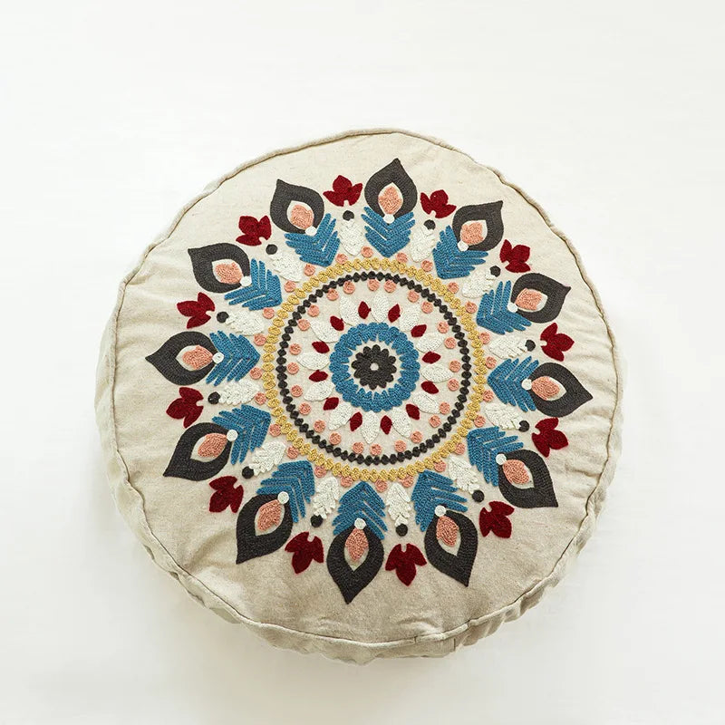 Moroccan Ethnic Round Cushion Cover - Mandala Floral Embroidery Throw Pillow Case