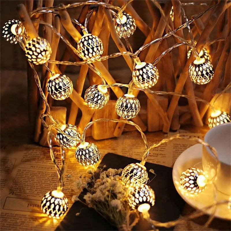 LED Moroccan Fairy Lights – Gold Globe Battery-Operated String Lights