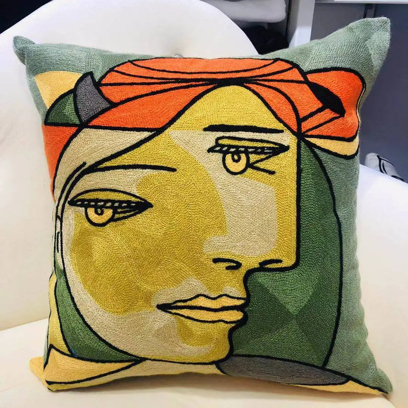 Picasso-Inspired Abstract Embroidered Cushion Cover