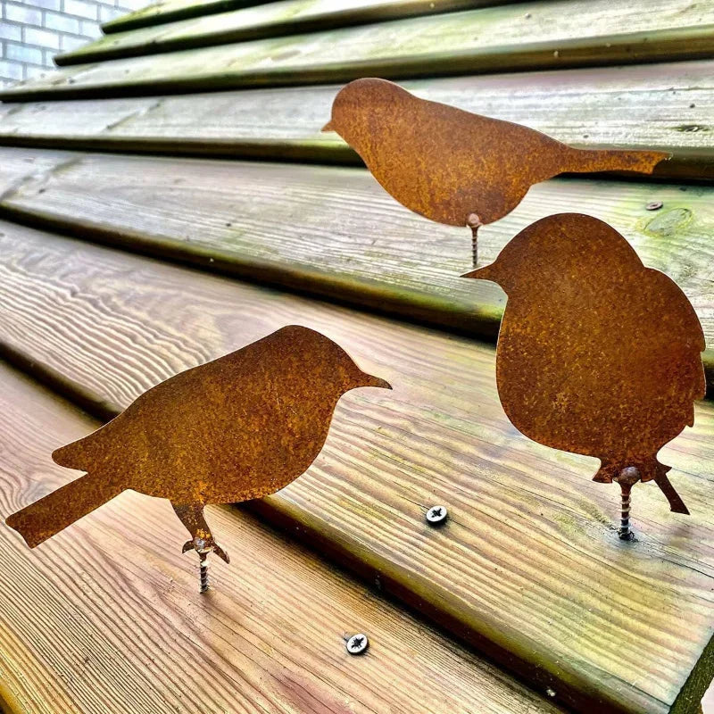 4 Pcs Rusty Metal Bird Ornament Set – Iron Bird Silhouette Sculptures for Garden Fence & Home Décor