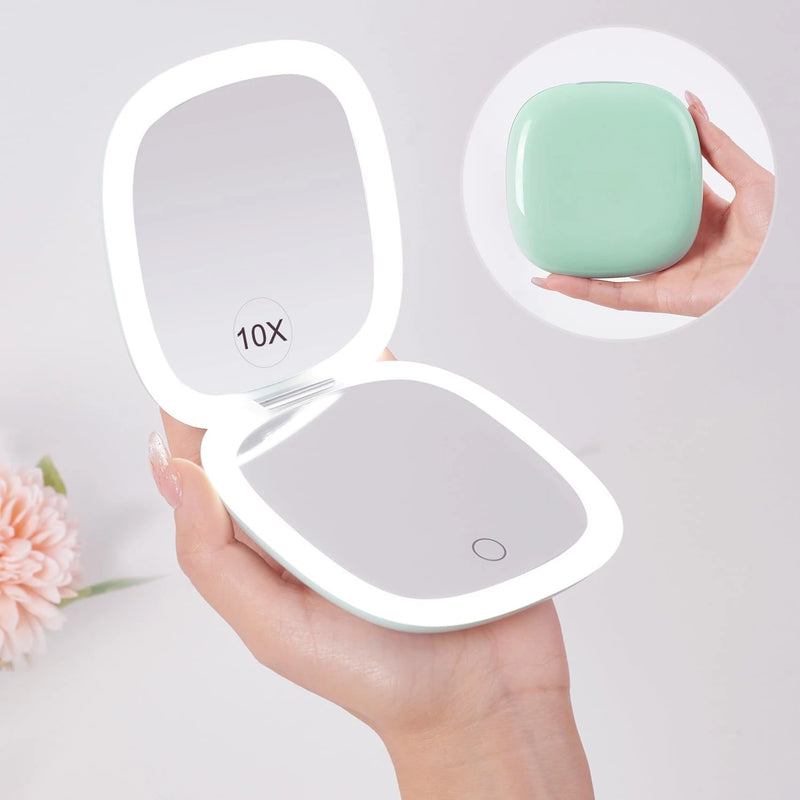 Compact LED Magnifying Travel Makeup Mirror – 1X/10X Dual-Sided USB Rechargeable Mirror