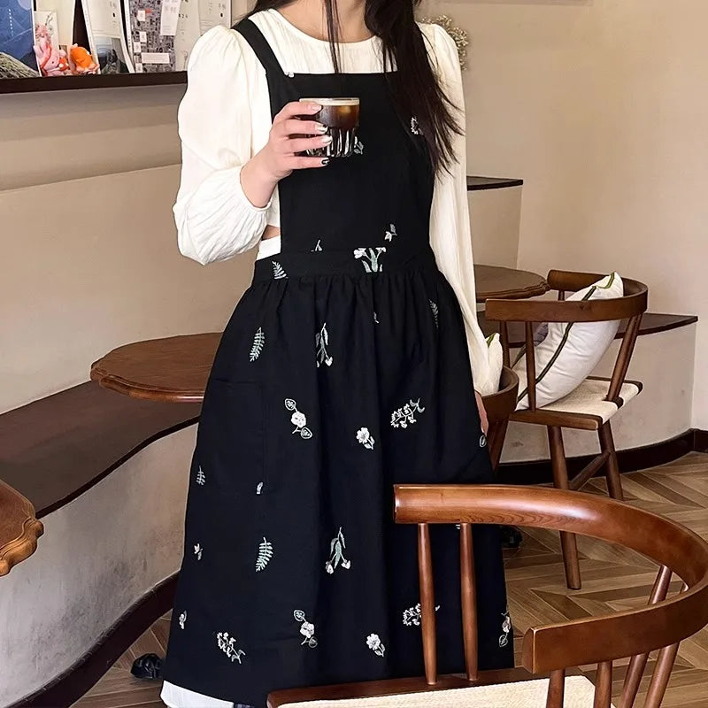 Waterproof Cotton Embroidered Kitchen Apron for Women – Cross-Back Long Skirt Pinafore with Pockets