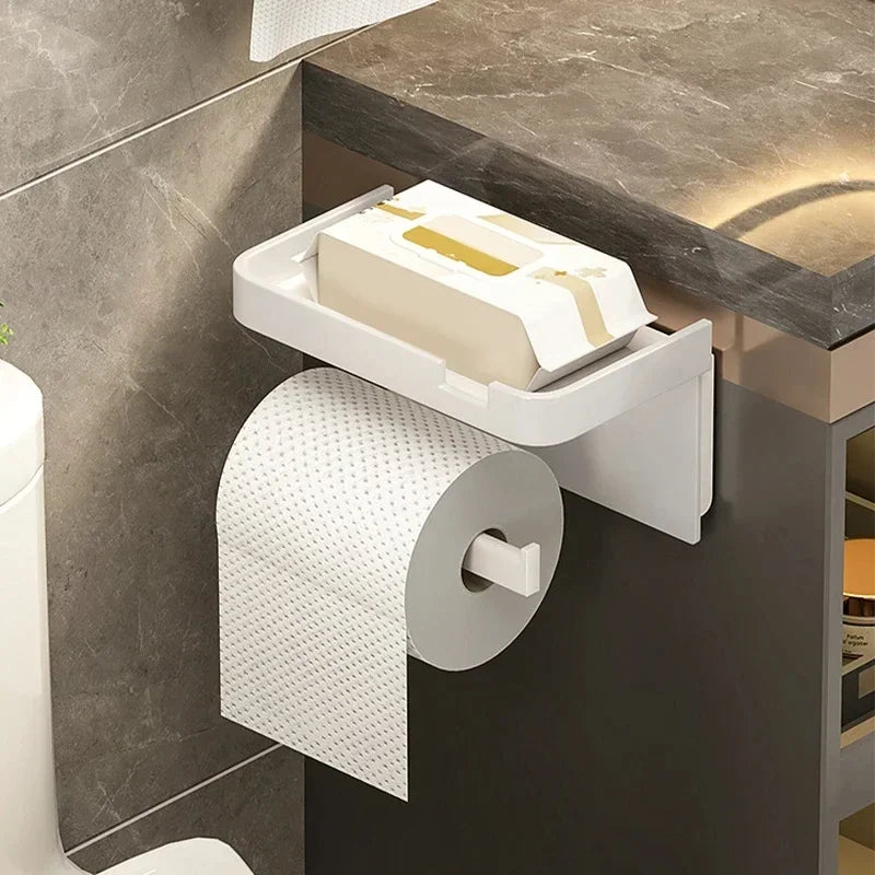 Toilet Paper Holder Wall-Mounted Paper Roll Holder Storage Tray Organizer Phone Stand Bathroom