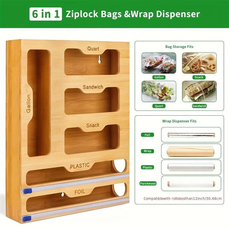 Bamboo Plastic Wrap Dispenser & Kitchen Storage Shelf – Ziplock Bag and Foil Organizer