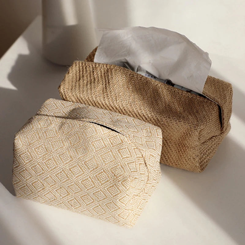 Japanese-Style Jute Tissue Case Napkin Holder – Elegant Cotton Linen Tissue Dispenser for Home