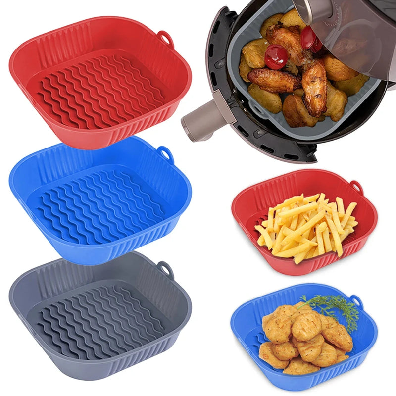 Silicone Air Fryer Pot Tray Food Safe Reusable Square Plate Airfryer Oven Baking Mold Basket Pan