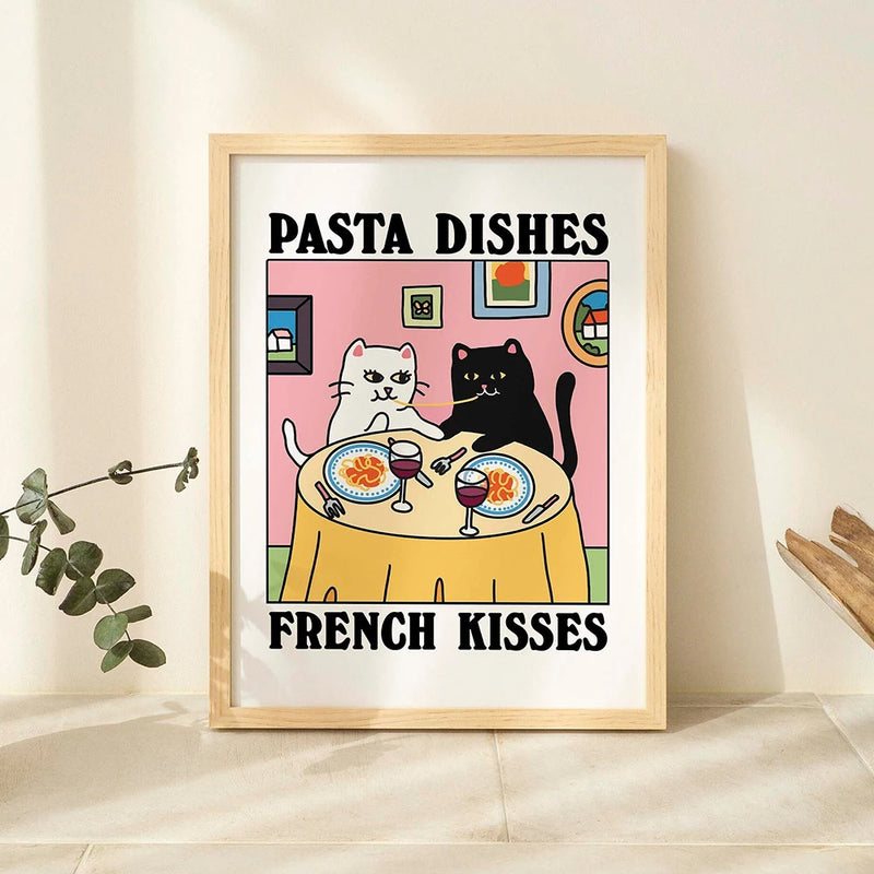 Spaghetti French Cat Retro Print Poster - Unique Canvas Art for Kitchen & Café Decor