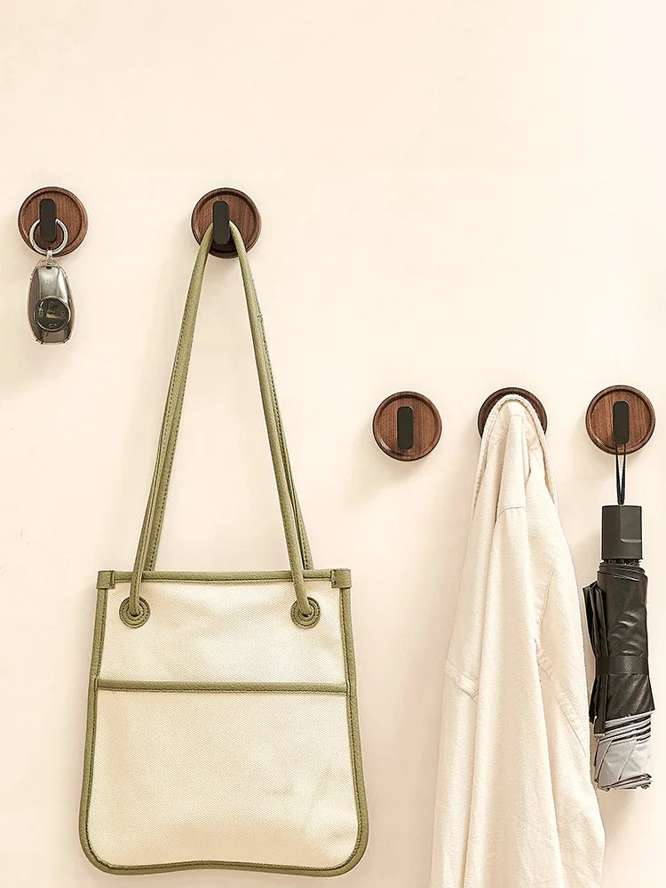 Walnut Wood Coat Rack Hooks – Black Wall Hangers for Keys, Clothes, Towels, and More