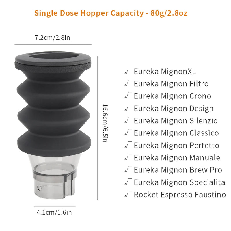 Coffee Grinder Single Dose Hopper with Bellows – Cleaning Tool for Eureka Mignon and Helios