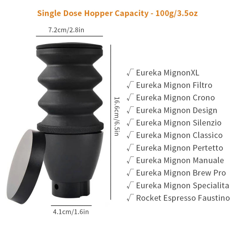 Coffee Grinder Single Dose Hopper with Bellows – Cleaning Tool for Eureka Mignon and Helios