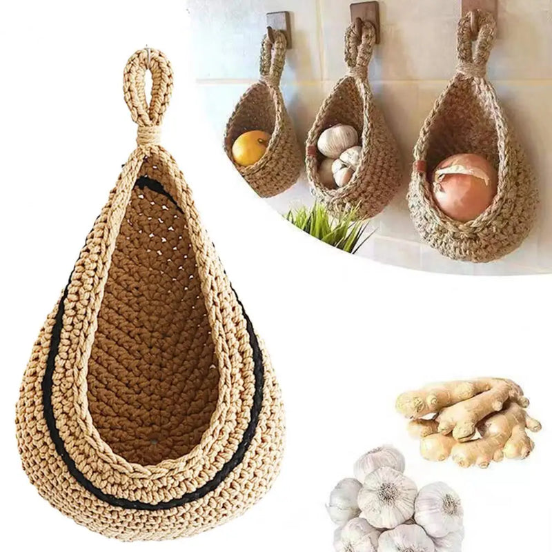 Woven Hanging Wall Basket Cotton Rope Knitted Rustic Jute Waterdrop Shape Fruits Vegetable Storage