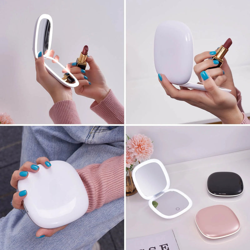 Compact LED Magnifying Travel Makeup Mirror – 1X/10X Dual-Sided USB Rechargeable Mirror