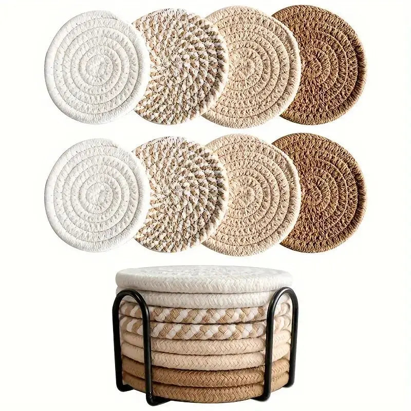 8-Piece Set Absorbent Woven Cotton Coasters – Minimalist Boho Coffee Table Decor