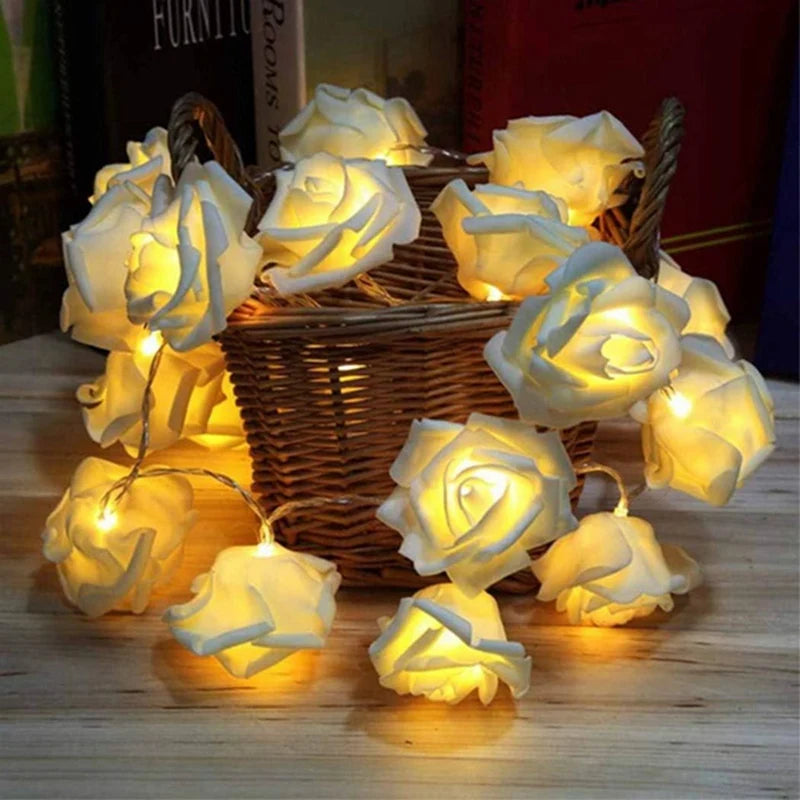 White Rose Flower String Lights - Battery Operated for Fairy Lights Decor