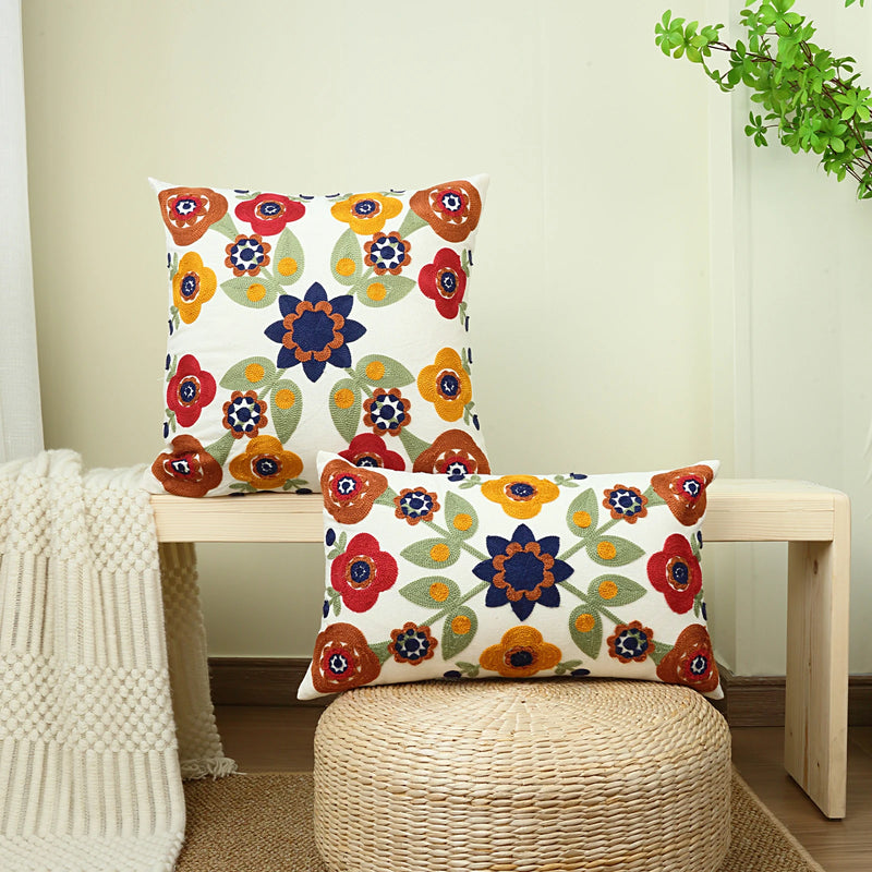 Vibrant Canvas Flower Embroidery Pillow Cover – Decorative Elegance for Home