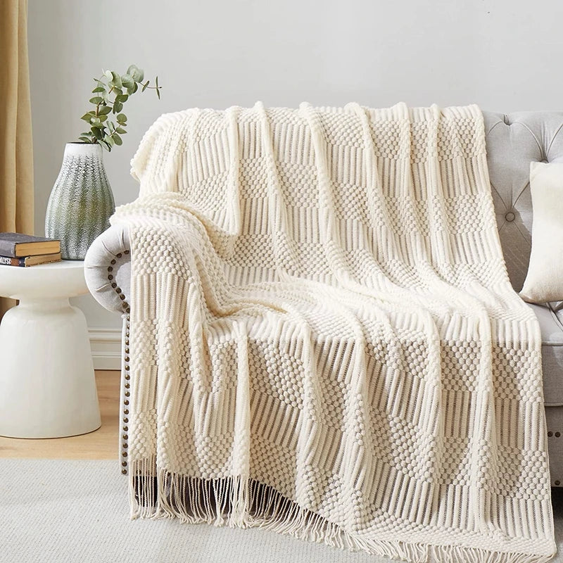 White Boho Throw Blankets Textured Knitted Blankets Chunky Vintage Luxury Throw Bedspread Blanket