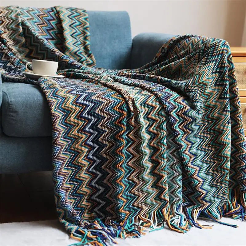 Hand Knitted Blanket with Tassel Summer Bed Sofa Breathable Chic Bohemian Soft Comfortable Blanket