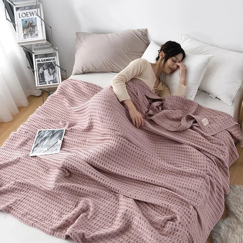 Summer Waffle Plaid Cotton Bed Blanket Throw Thin Quilt Knitted Bedspread Green Pink Throw Blankets