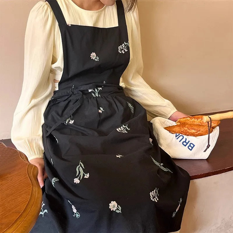 Waterproof Cotton Embroidered Kitchen Apron for Women – Cross-Back Long Skirt Pinafore with Pockets