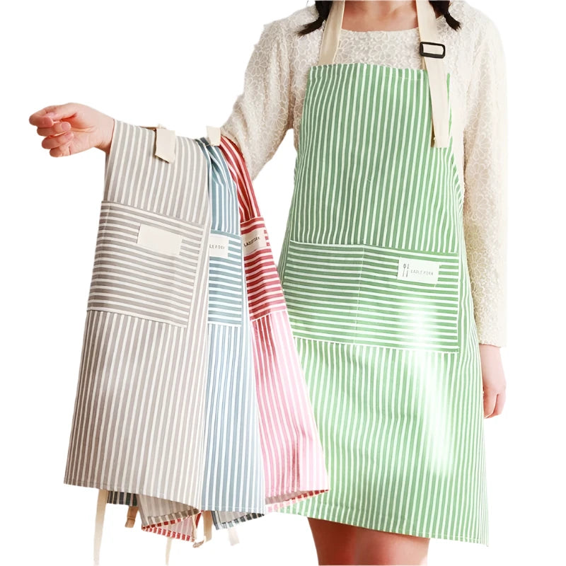 Cotton Linen Striped Apron With Thin Cotton Fabric Waistband For Stain Oil Resistance Apron Kitchen