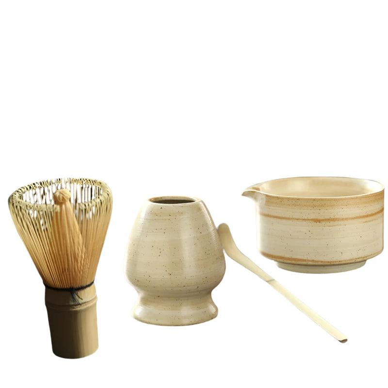 4 Piece Japanese Matcha Tea Set – Natural Bamboo Whisk & Pottery Bowl for Authentic Tea