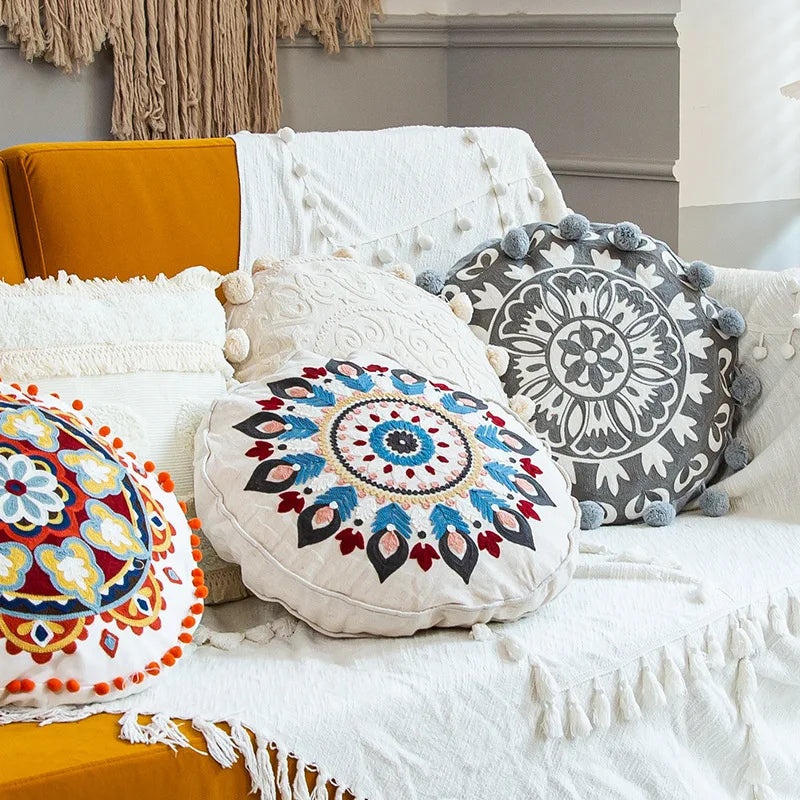 Moroccan Ethnic Round Cushion Cover - Mandala Floral Embroidery Throw Pillow Case