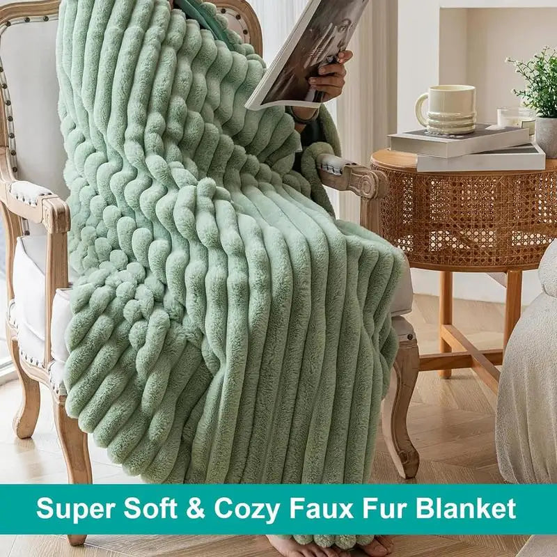 Luxury Soft Faux Throw Blanket Warm Soft Solid Color Thickened Plaid Fuzzy Fleece Blanket Bedroom