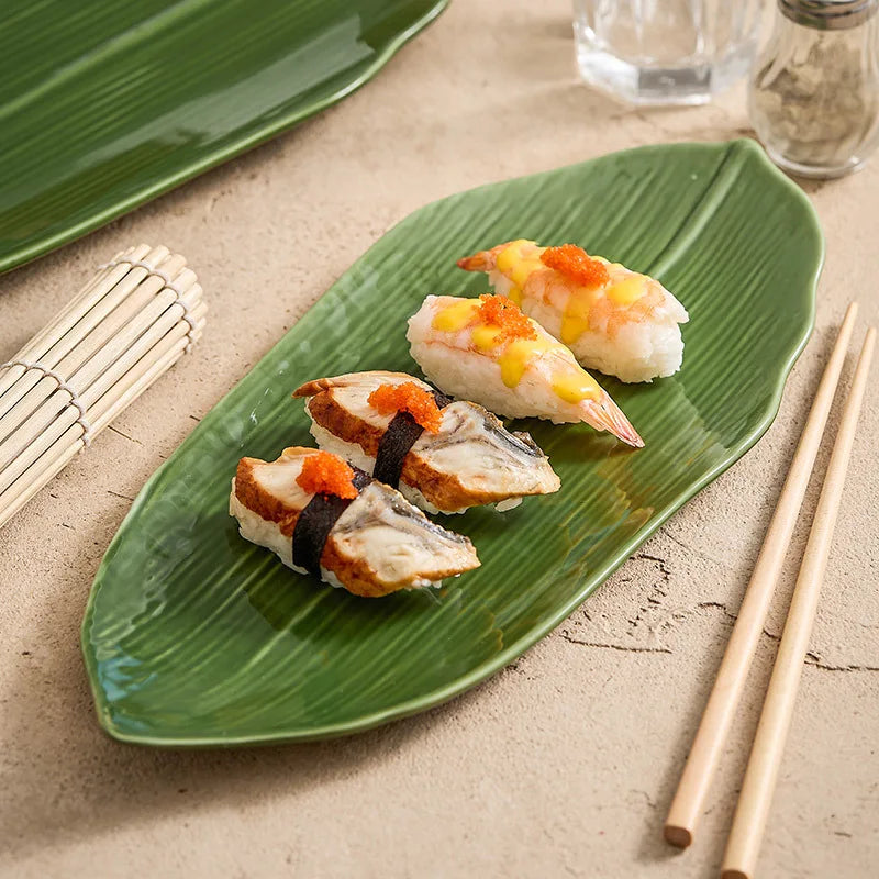 Japanese Bamboo Leaf-Shaped Ceramic Sushi Plate