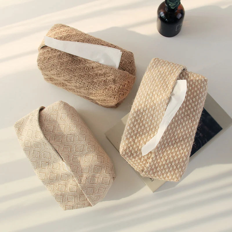 Japanese-Style Jute Tissue Case Napkin Holder – Elegant Cotton Linen Tissue Dispenser for Home