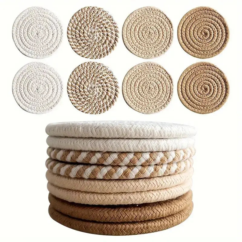 8-Piece Set Absorbent Woven Cotton Coasters – Minimalist Boho Coffee Table Decor